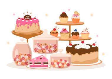 Sweet Shop Selling Various Bakery Products, Cupcake, Cake, Pastry or Candy on Flat Cartoon style Hand Drawn Templates Illustration clipart