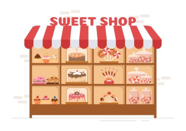 Şekerci Dükkanı Satma Çeşitli Fırın Ürünleri, Kek, Kek, Pasta, Pasta veya Şekerleme Çizgi Film Tarzı El Çizimi Şablonu