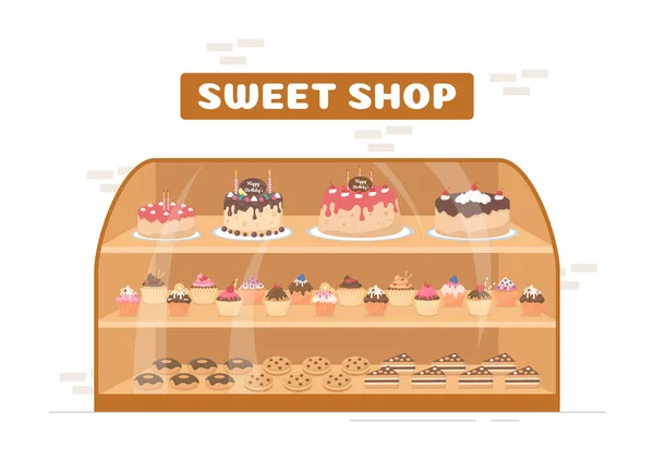 Édes Bolt Eladása Különböző Pékipari Termékek Cupcake Cake Sütemény Vagy — Stock Vector