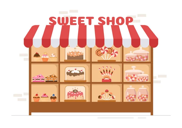 Sweet Shop Verkoop Van Diverse Bakkerijproducten Cupcake Cake Gebak Snoep — Stockvector