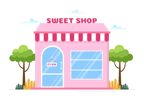 Sweet Shop Selling Various Bakery Products Cupcake Pstry Candy Flat — стоковий вектор