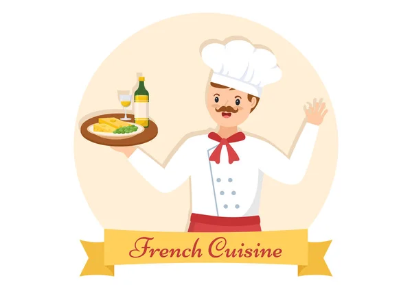 Ресторан Французской Кухни Различными Традиционными Национальными Блюдами Французской Кухни Плоский — стоковый вектор