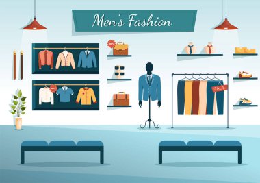 Moda Adamları ve Moda Adamı Salonda ya da Düz Çizim El Çizim Şablonları Alışveriş için Kıyafet Dükkanı