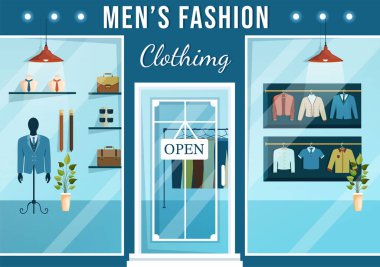 Moda Adamları ve Moda Adamı Salonda ya da Düz Çizim El Çizim Şablonları Alışveriş için Kıyafet Dükkanı
