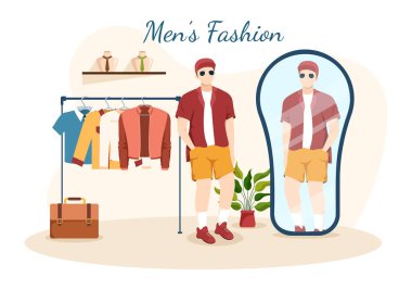 Moda Adamları ve Moda Adamı Salonda ya da Düz Çizim El Çizim Şablonları Alışveriş için Kıyafet Dükkanı