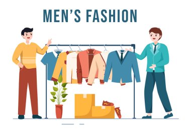 Moda Adamları ve Moda Adamı Salonda ya da Düz Çizim El Çizim Şablonları Alışveriş için Kıyafet Dükkanı