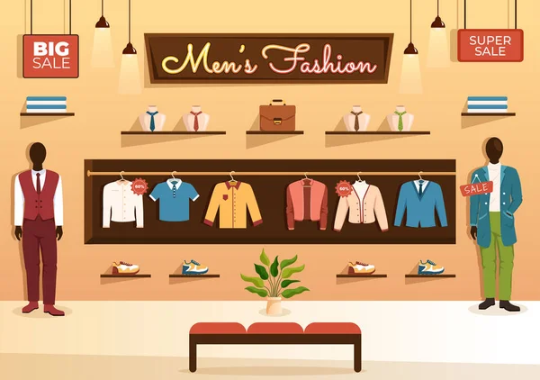 Divat Men Outfit Fashionable Man Boutique Indoor Clothes Shop Shopping — Stock Vector