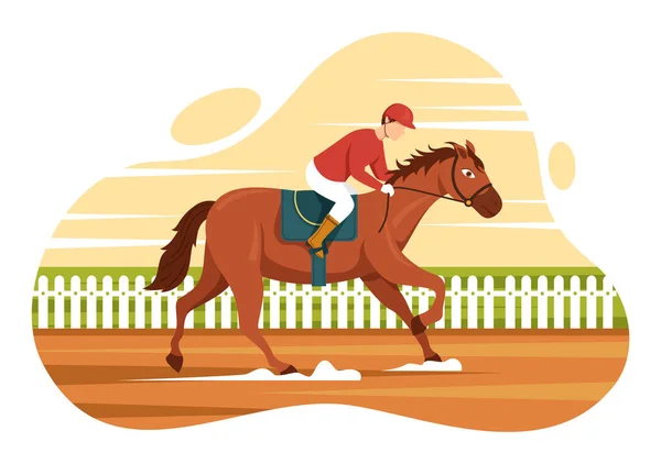Hästkapplöpning Kapplöpning Med Ridsport Och Ryttare Eller Jockeys Platta Tecknade — Stock vektor
