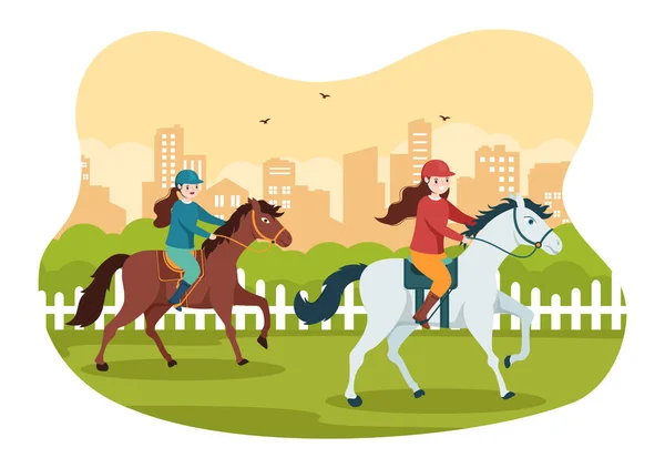 Hästkapplöpning Kapplöpning Med Ridsport Och Ryttare Eller Jockeys Platta Tecknade — Stock vektor