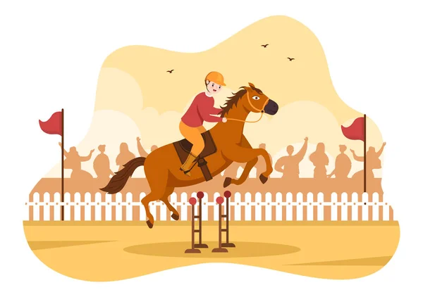 马术及骑手或骑师在马术比赛中的赛马比赛 平面漫画手绘模版图例 — 图库矢量图片