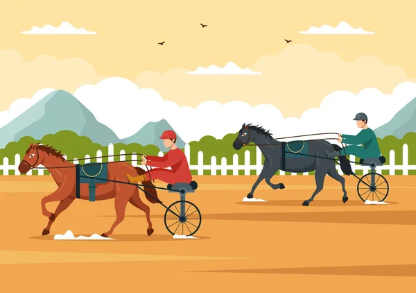 马术及骑手或骑师在马术比赛中的赛马比赛 平面漫画手绘模版图例 — 图库矢量图片