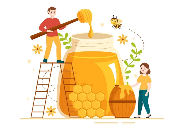 Honung Handla Med Naturlig Användbar Produkt Jar Bee Eller Honeycombs — Stock vektor
