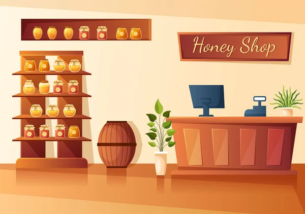 有天然有用产品罐 蜜蜂或蜂窝的蜂蜜店将被归入平面卡通手绘模板图解 — 图库矢量图片