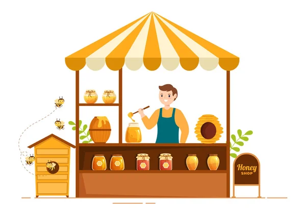 有天然有用产品罐 蜜蜂或蜂窝的蜂蜜店将被归入平面卡通手绘模板图解 — 图库矢量图片