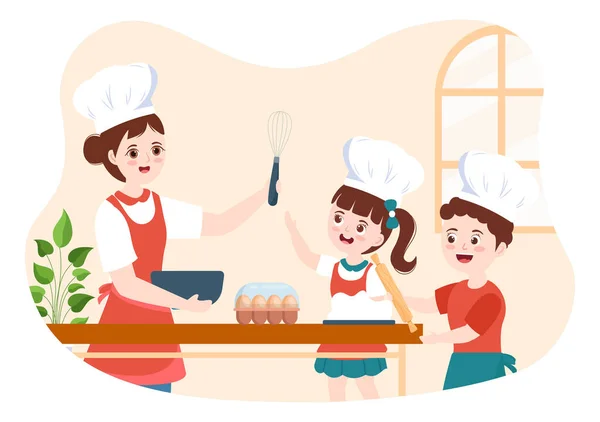 クラスで子供や教師と一緒に調理学校フラット漫画ハンドドローテンプレート上の料理自家製料理を学ぶためにイラスト — ストックベクタ