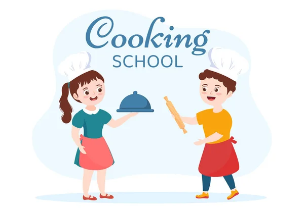 Кулінарна Школа Дітьми Вчителем Класі Навчання Кухарів Домашня Їжа Плоскій — стоковий вектор