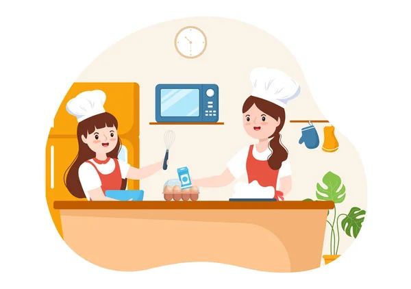Szkoła Gotowania Dziećmi Nauczycielem Klasie Uczenia Się Gotować Domowe Jedzenie — Wektor stockowy