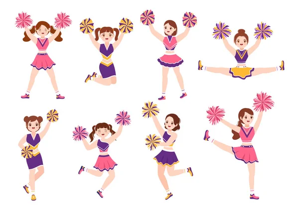 Cheerleader Mädchen Mit Pompons Aus Tanzen Und Springen Zur Unterstützung — Stockvektor