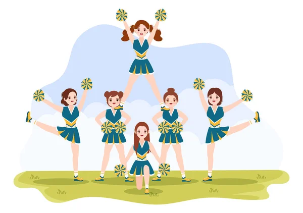 Cheerleader Mädchen Mit Pompons Aus Tanzen Und Springen Zur Unterstützung — Stockvektor
