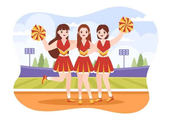 Cheerleader Dziewczyna Pomponami Tańca Skoki Wspierać Zespół Sport Podczas Konkursu — Wektor stockowy