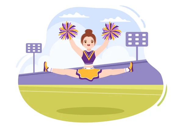 在平面漫画手绘模板图解比赛中 带着舞动跳跃动作支持团队运动的啦啦队队长女孩 — 图库矢量图片