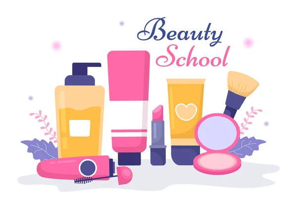 Escola Beleza Maquiagem Com Produtos Cosméticos Para Estudar Meninas Bonitas — Vetor de Stock