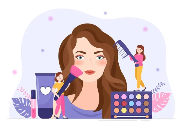 Escuela Belleza Maquillaje Con Productos Cosméticos Para Estudiar Chicas Hermosas — Vector de stock