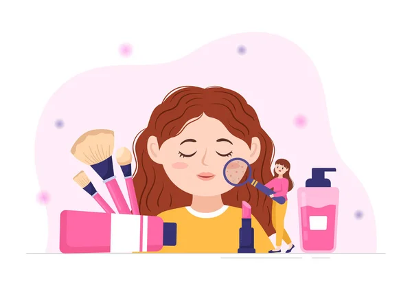 Schoonheid Make School Met Cosmetische Producten Studeren Mooie Meisjes Toepassen — Stockvector