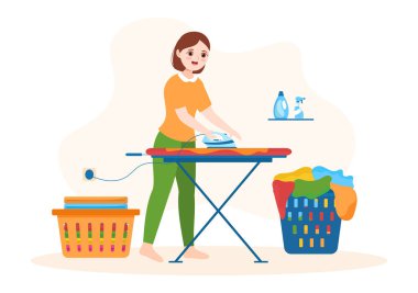 Çamaşır makineleri, kurutma makineleri ve Düz Çizgi El Çizim Şablonunda Temiz Giysiler için Çamaşır Servisi