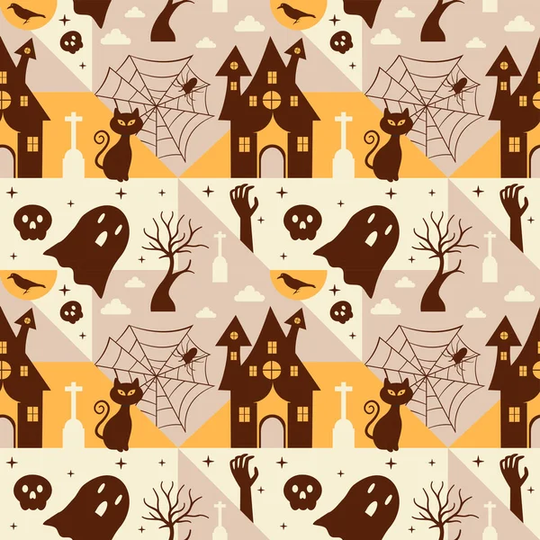 Halloween Seamless Pattern Design Witch Haunted House Pumpkins Bats Template — 스톡 벡터
