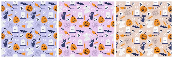 Conjunto Diseño Patrones Sin Costura Halloween Con Bruja Casa Embrujada — Vector de stock