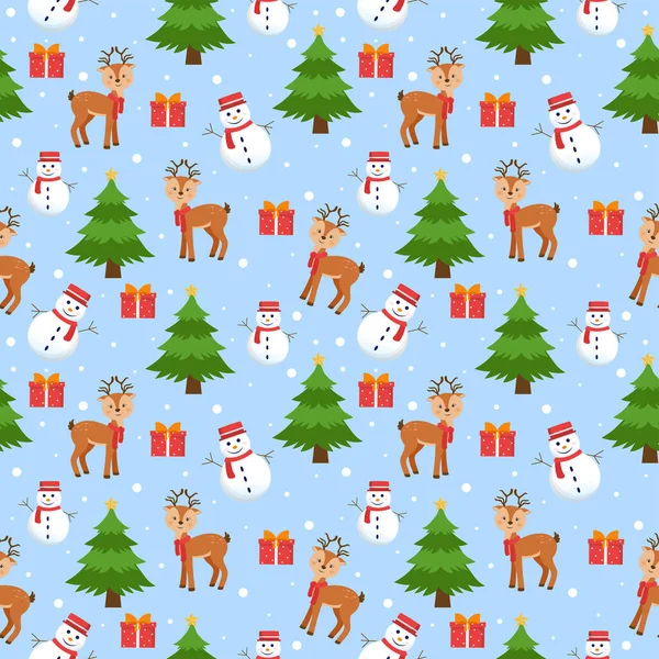 Weihnachten Hintergrund Nahtlose Mustergestaltung Mit Weihnachtsmann Baum Schneemann Und Geschenke — Stockvektor