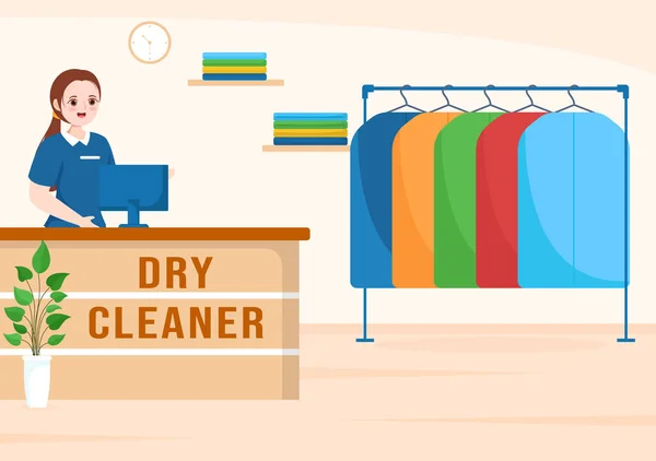 Serviço Loja Limpeza Seco Com Máquinas Lavar Roupa Secadores Lavandaria —  Vetores de Stock