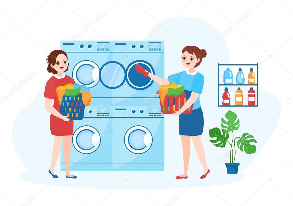 Dry Cleaning Store Service with Washing Machines, Dryers and Laundry for Clean Clothing in Flat Cartoon Hand Drawn Templates Illustration