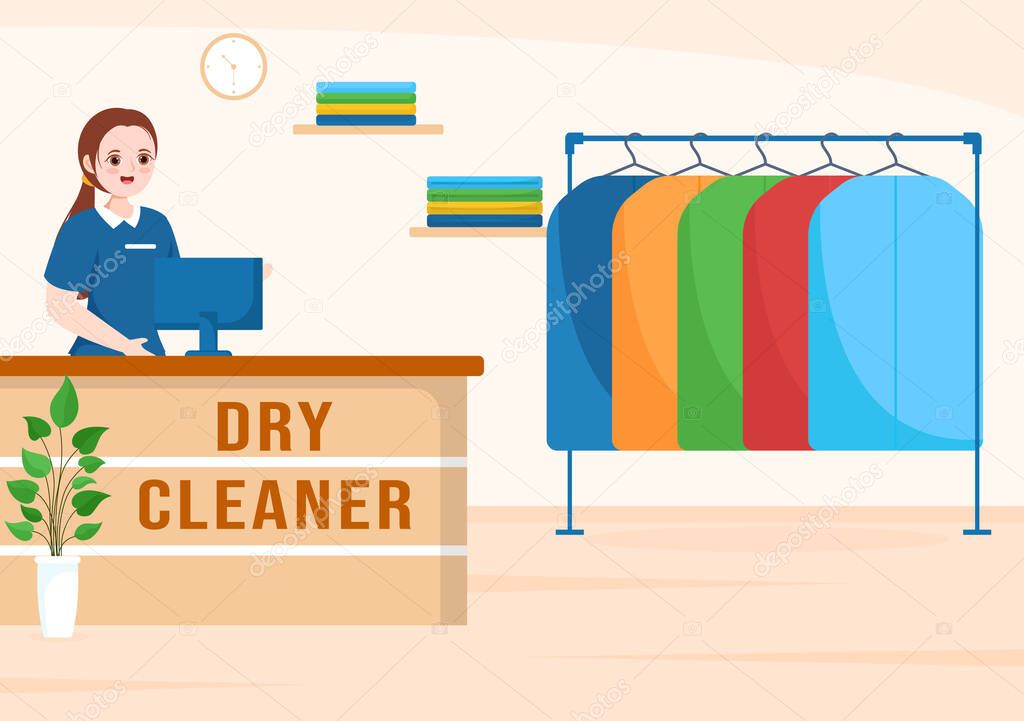 Dry Cleaning Store Service with Washing Machines, Dryers and Laundry for Clean Clothing in Flat Cartoon Hand Drawn Templates Illustration