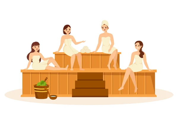 Sauna Und Dampfbad Mit Menschen Die Sich Entspannen Ihre Körper — Stockvektor