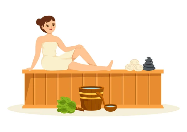 Sauna Sala Vapor Com Pessoas Relaxe Lave Seus Corpos Vapor — Vetor de Stock
