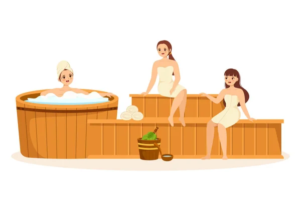 Sauna Sala Vapor Com Pessoas Relaxe Lave Seus Corpos Vapor — Vetor de Stock