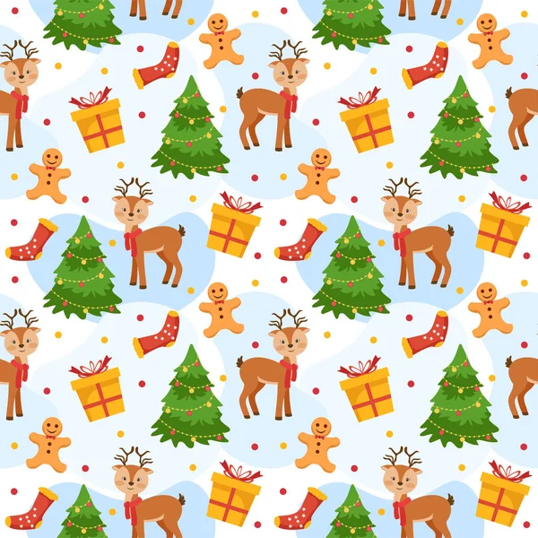 Рождественский Фон Бесшовный Дизайн Шаблонов Санта Клаусом Деревом Снеговиком Подарками — стоковый вектор