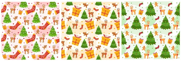 带圣诞老人 雪人和礼物的圣诞背景无缝图案设计 模板手绘卡通平面插图 — 图库矢量图片