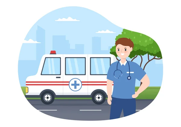 Voiture Ambulance Véhicule Médical Service Urgence Pour Ramasser Patient Blessé — Image vectorielle