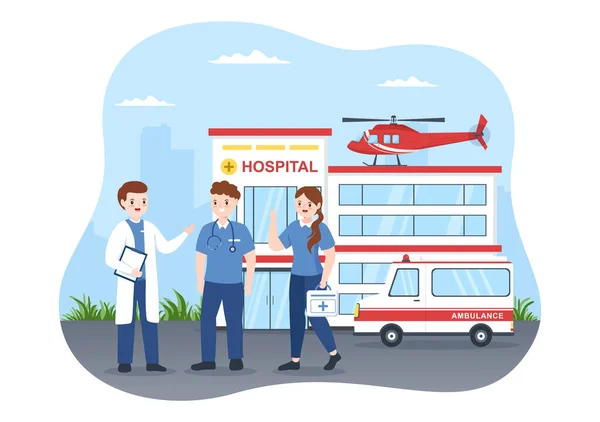 平板漫画手绘模板图解事故伤员救护车或急救接送服务 — 图库矢量图片