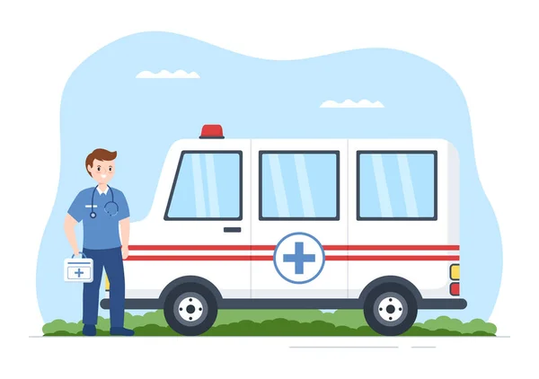 Ambulancia Vehículos Médicos Servicio Autos Emergencias Para Recoger Paciente Herido — Vector de stock