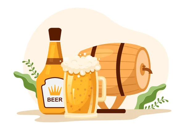 フラット漫画ハンドドローテンプレートで発酵のためのアルコール飲料の完全なビールタンクとボトルと醸造所の生産プロセスイラスト — ストックベクタ