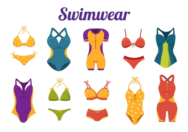 Badebekleidung Mit Verschiedenen Designs Von Bikinis Und Badeanzügen Für Frauen — Stockvektor