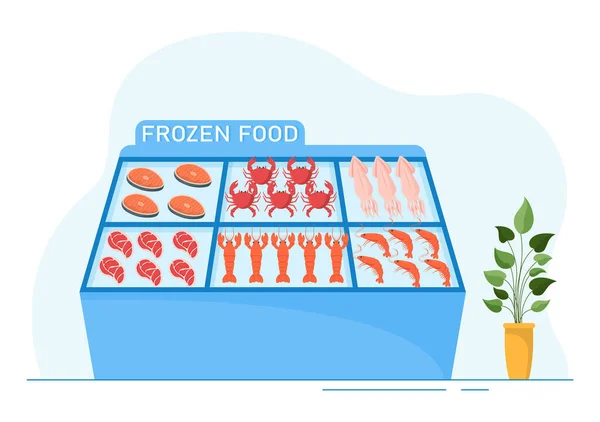 用Foil Pouch Packaging将产品真空包装为新鲜的冷冻食品储存在手绘卡通模板插图中 — 图库矢量图片