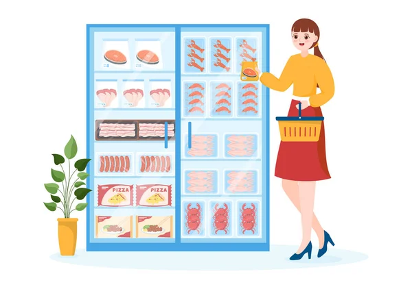 用Foil Pouch Packaging将产品真空包装为新鲜的冷冻食品储存在手绘卡通模板插图中 — 图库矢量图片