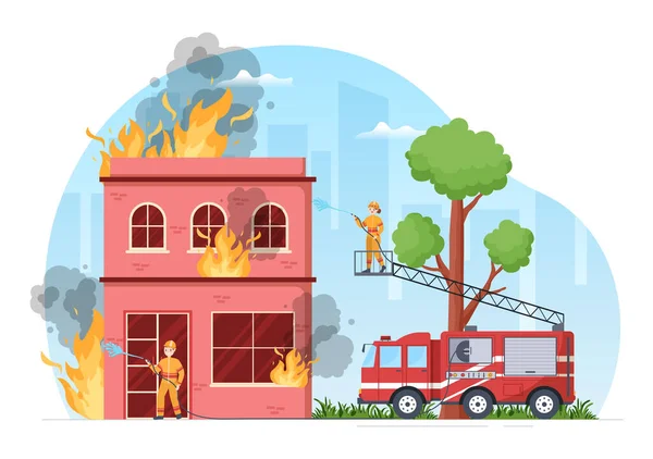 Fire Department with Firefighters Extinguishing House, Forest and Helping People in Various Situations in Flat Hand Drawn Cartoon Illustration
