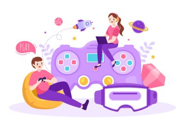 Düz El Çizim Çizim Şablonu içinde Android Mobil Bilgisayar üzerinde Oyun Alanı Denetleyicileri Dövüş Konsolu Oynayan Video Oyunu