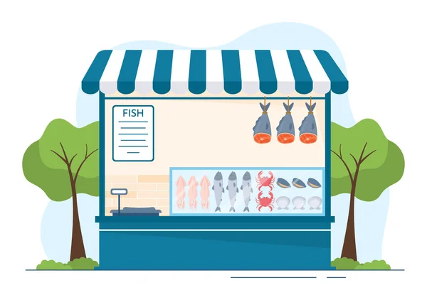 鱼类商店售卖各类新鲜及卫生产品及海鲜 平面漫画 手绘模板 — 图库矢量图片